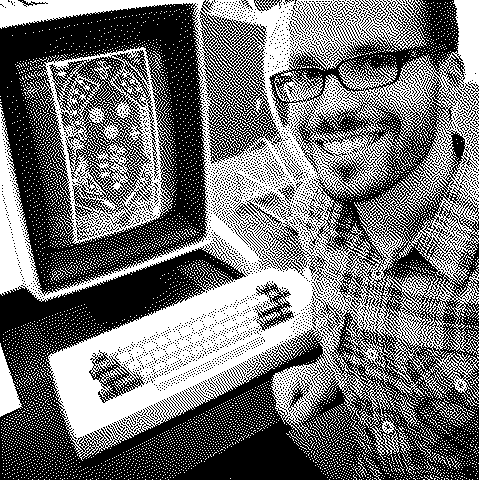 Photo of Sherrard Ewing Glaittli sitting at a Xerox Alto computer at the Living Computer Museum, dithered to look like a Classic Mac image.